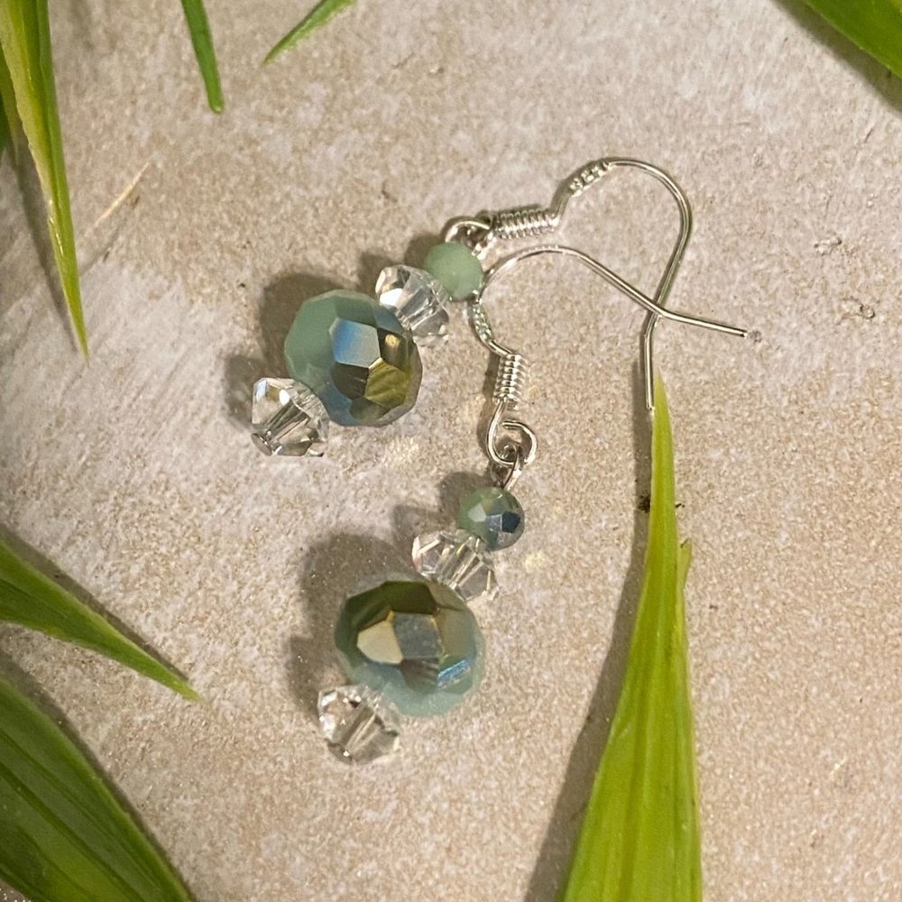 3/$18 Gorgeous Clear & Iridescent Sea Foam Green Faceted Glass Bead Silver Hook